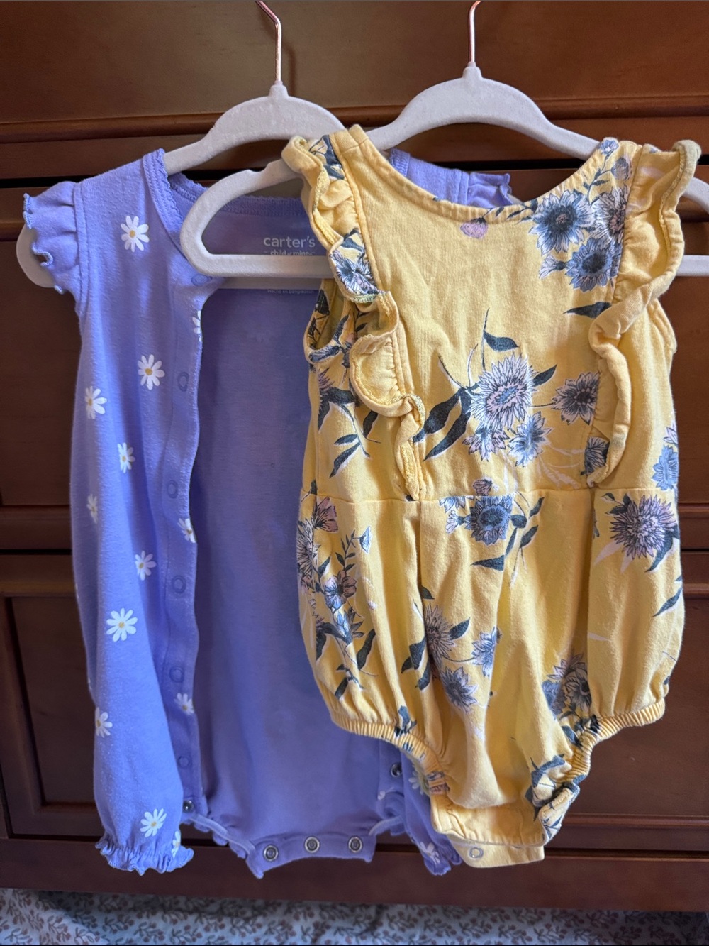 Carter's Purple Daisy Snap Romper & old navy Yellow Floral Ruffle Romper Set